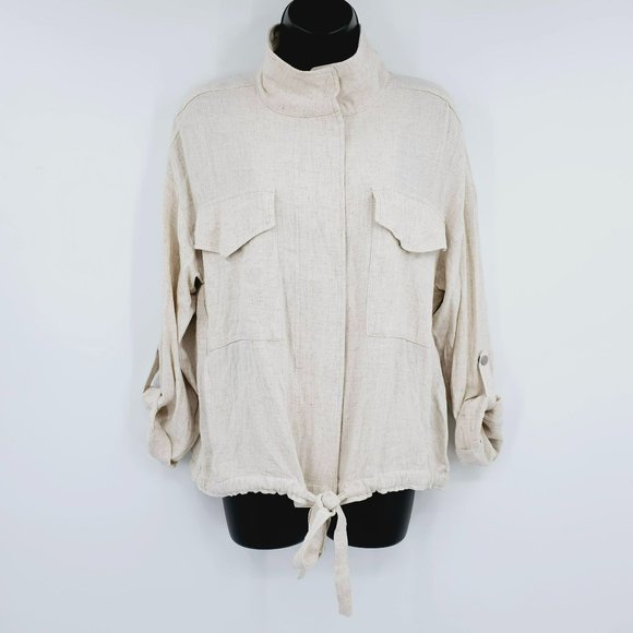 Staccato Moto Utility Jacket M Viscose Linen Zip Snap Roll Tab Sleeve Oatmeal - Picture 1 of 13